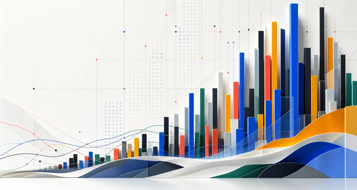 Abstract layered bars and data grids in blue, amber, coral, and pine