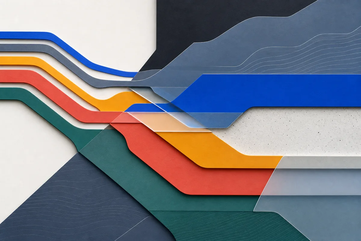 Abstract overlapping rule layers and source paths in blue, coral, amber, and pine